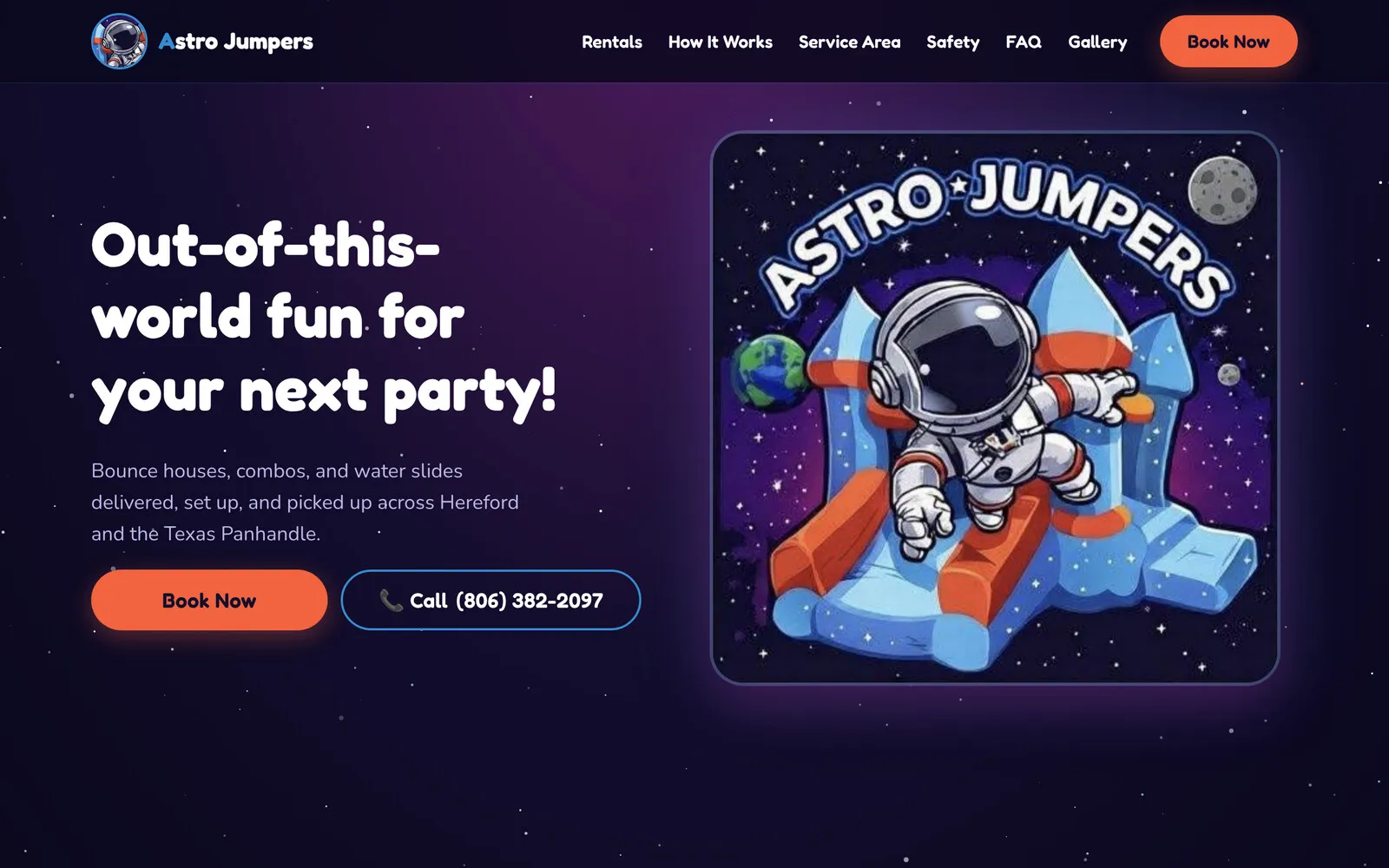 Astro Jumpers home page with an astronaut bounce house logo and a Book Now button