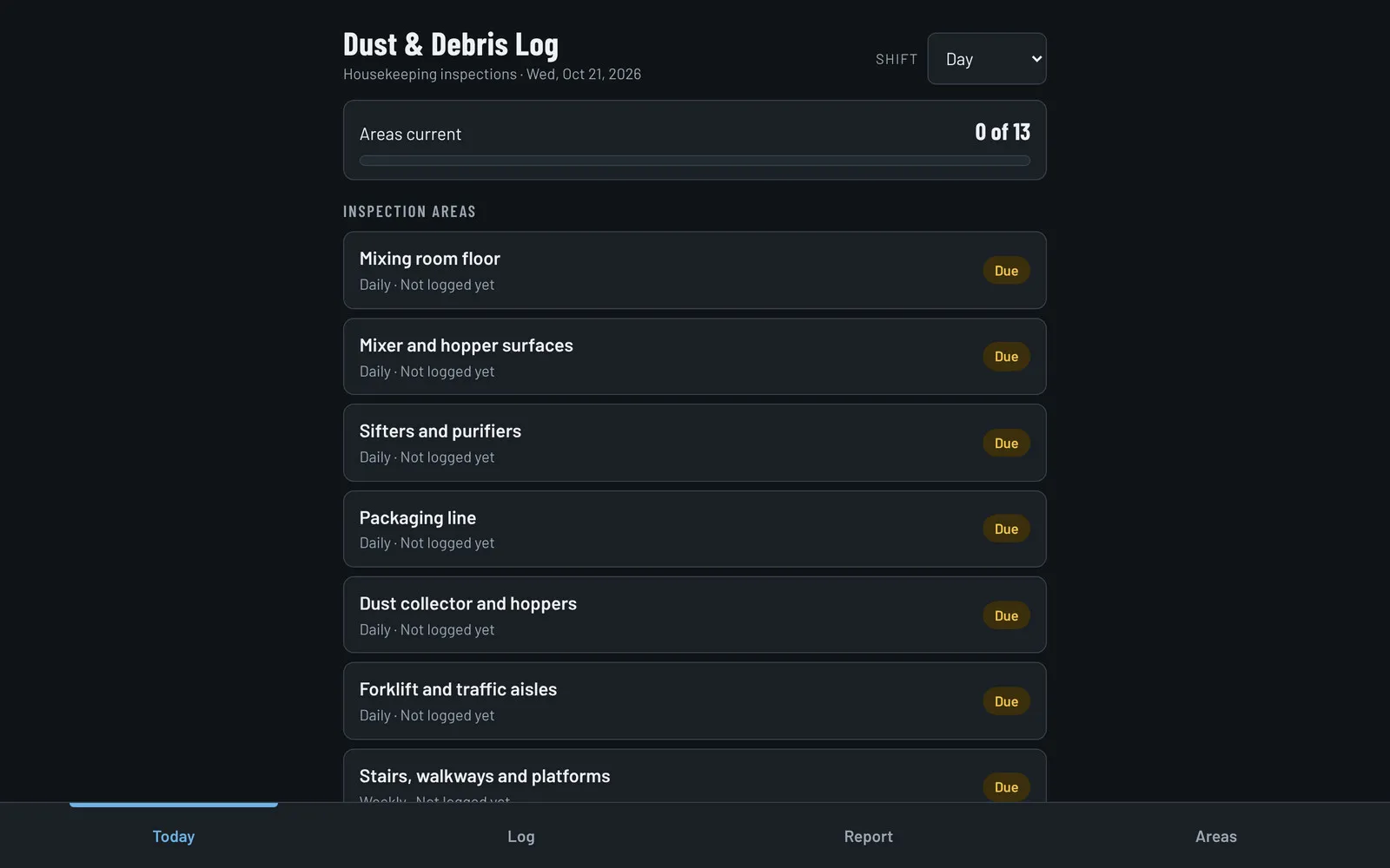 Mill Housekeeping Log app showing a list of inspection areas marked Due